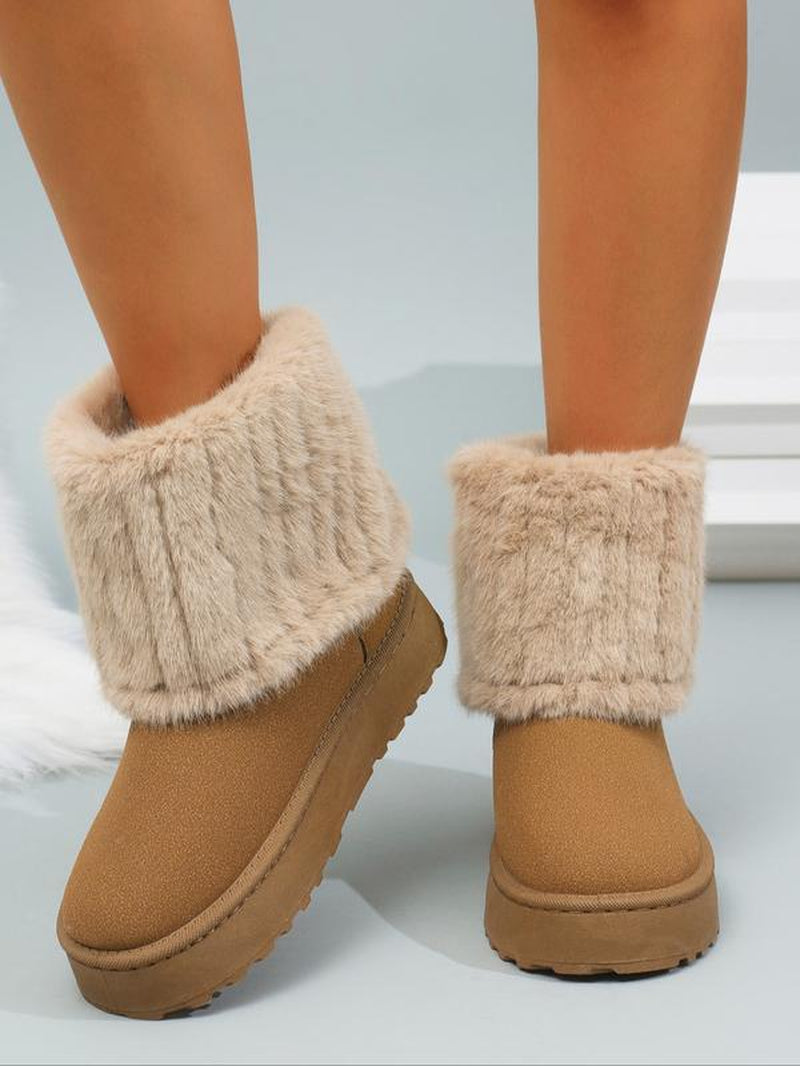 Women'S Fuzzy Boots, Solid Color, Flat Sole, Plush Lined, Winter Snow Boots, Comfortable Warm Shoes for Cold Weather