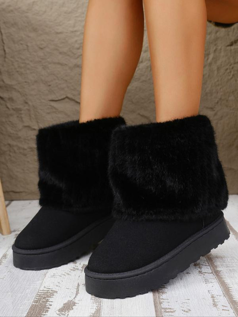 Women'S Fuzzy Boots, Solid Color, Flat Sole, Plush Lined, Winter Snow Boots, Comfortable Warm Shoes for Cold Weather