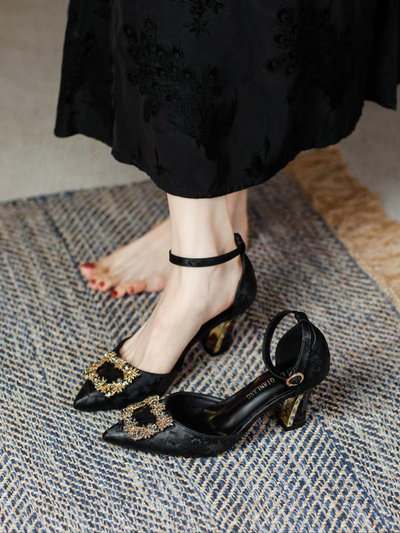 Women'S Elegant Rhinestone Geometric Decorated High Heel Shoes, Trendy Pointed Toe Heels, Fashionable Shoes for Party & Daily Wear