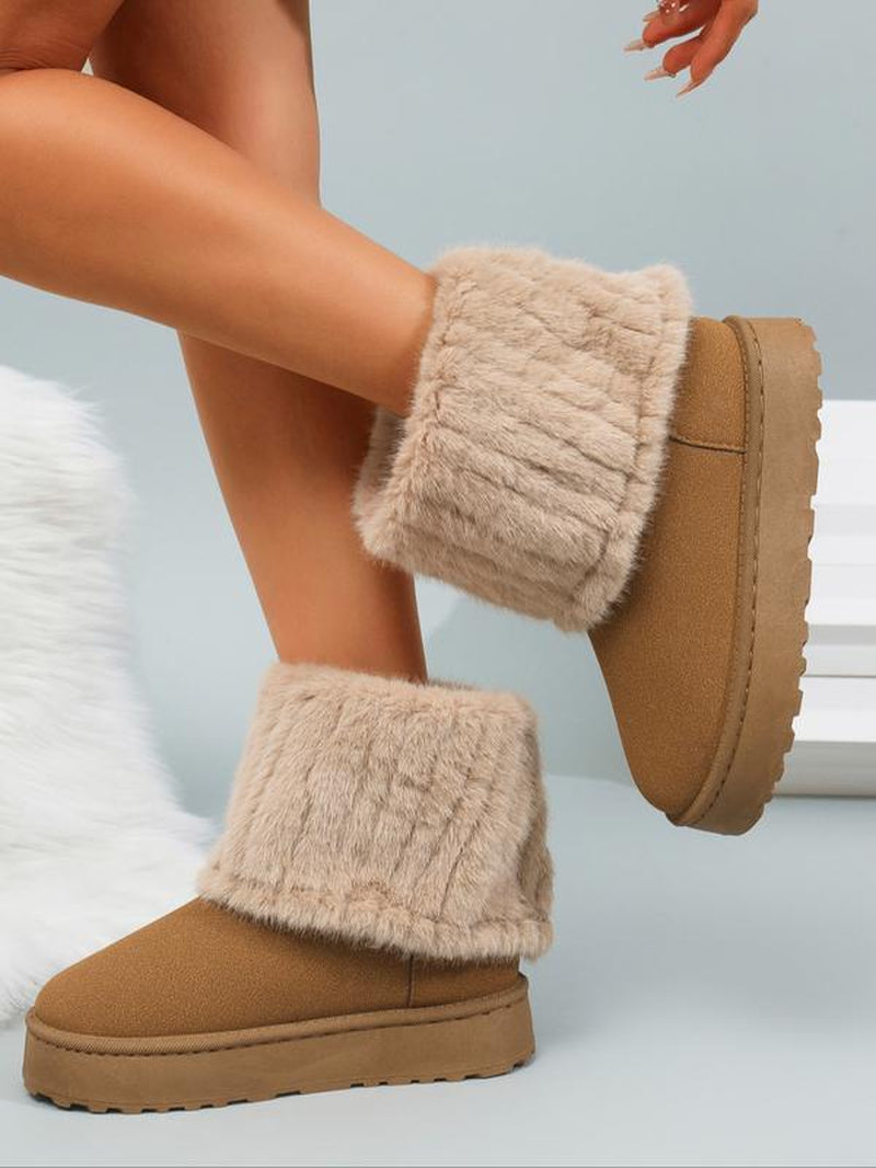 Women'S Fuzzy Boots, Solid Color, Flat Sole, Plush Lined, Winter Snow Boots, Comfortable Warm Shoes for Cold Weather