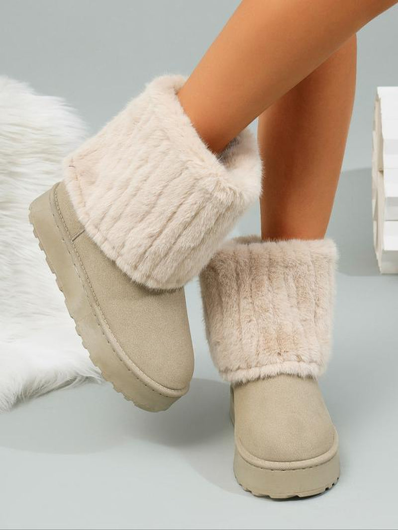 Women'S Fuzzy Boots, Solid Color, Flat Sole, Plush Lined, Winter Snow Boots, Comfortable Warm Shoes for Cold Weather