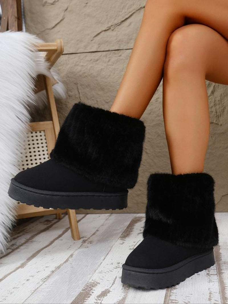 Women'S Fuzzy Boots, Solid Color, Flat Sole, Plush Lined, Winter Snow Boots, Comfortable Warm Shoes for Cold Weather