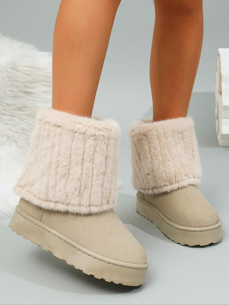 Women'S Fuzzy Boots, Solid Color, Flat Sole, Plush Lined, Winter Snow Boots, Comfortable Warm Shoes for Cold Weather