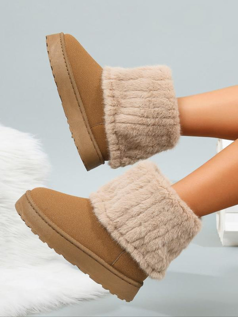 Women'S Fuzzy Boots, Solid Color, Flat Sole, Plush Lined, Winter Snow Boots, Comfortable Warm Shoes for Cold Weather