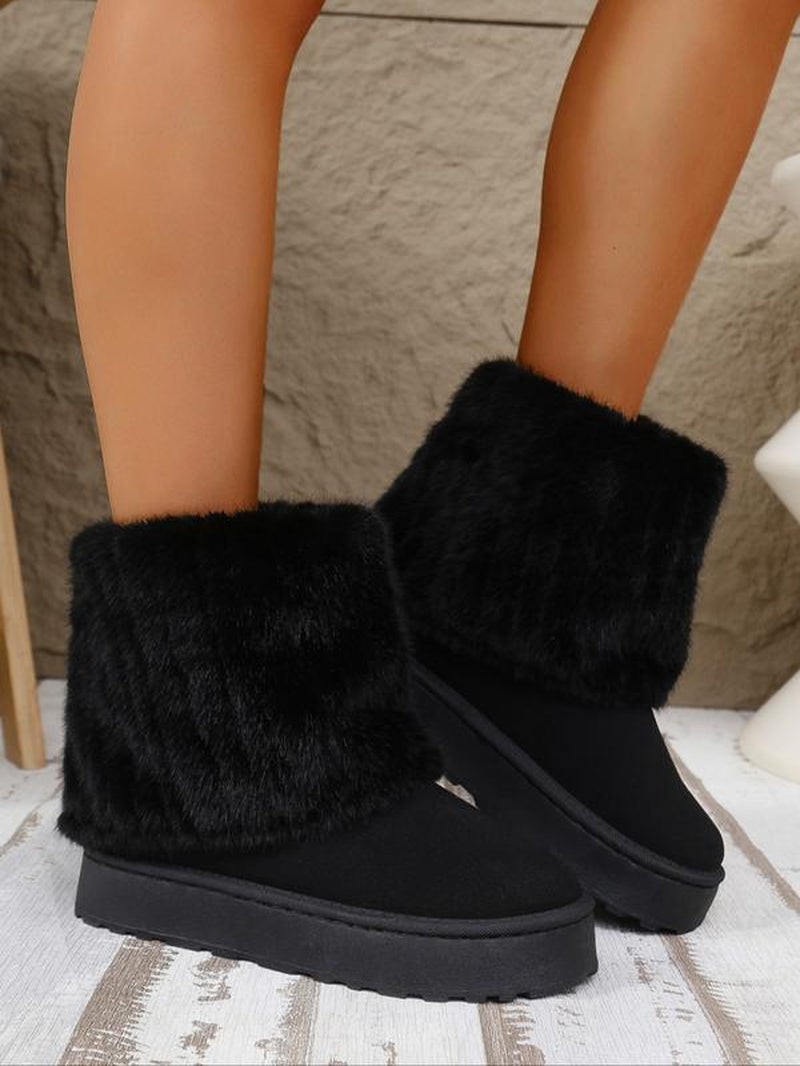 Women'S Fuzzy Boots, Solid Color, Flat Sole, Plush Lined, Winter Snow Boots, Comfortable Warm Shoes for Cold Weather