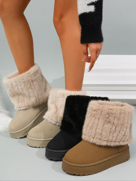 Women'S Fuzzy Boots, Solid Color, Flat Sole, Plush Lined, Winter Snow Boots, Comfortable Warm Shoes for Cold Weather
