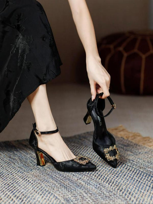 Women'S Elegant Rhinestone Geometric Decorated High Heel Shoes, Trendy Pointed Toe Heels, Fashionable Shoes for Party & Daily Wear